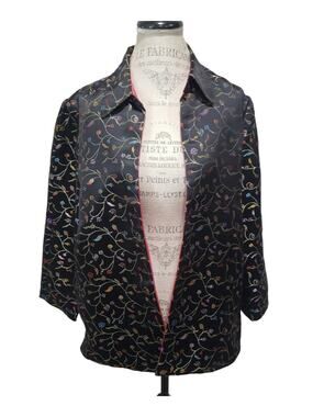 Robert Louis Lined Black Metallic Floral Silk Blend Open Front Collared Jacket